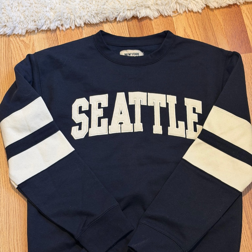 Navy Seattle Sweatshirt with Cream Stripes